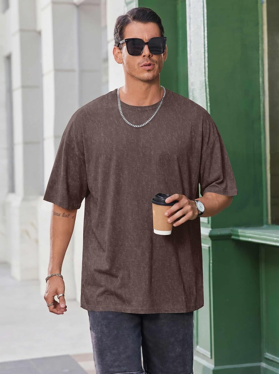 image:imageCOOFANDY Mens Oversized T Shirt Loose Fit Vintage Washed Tee Casual Streetwear Unisex Short Sleeve Heavy Cotton TopBrown
