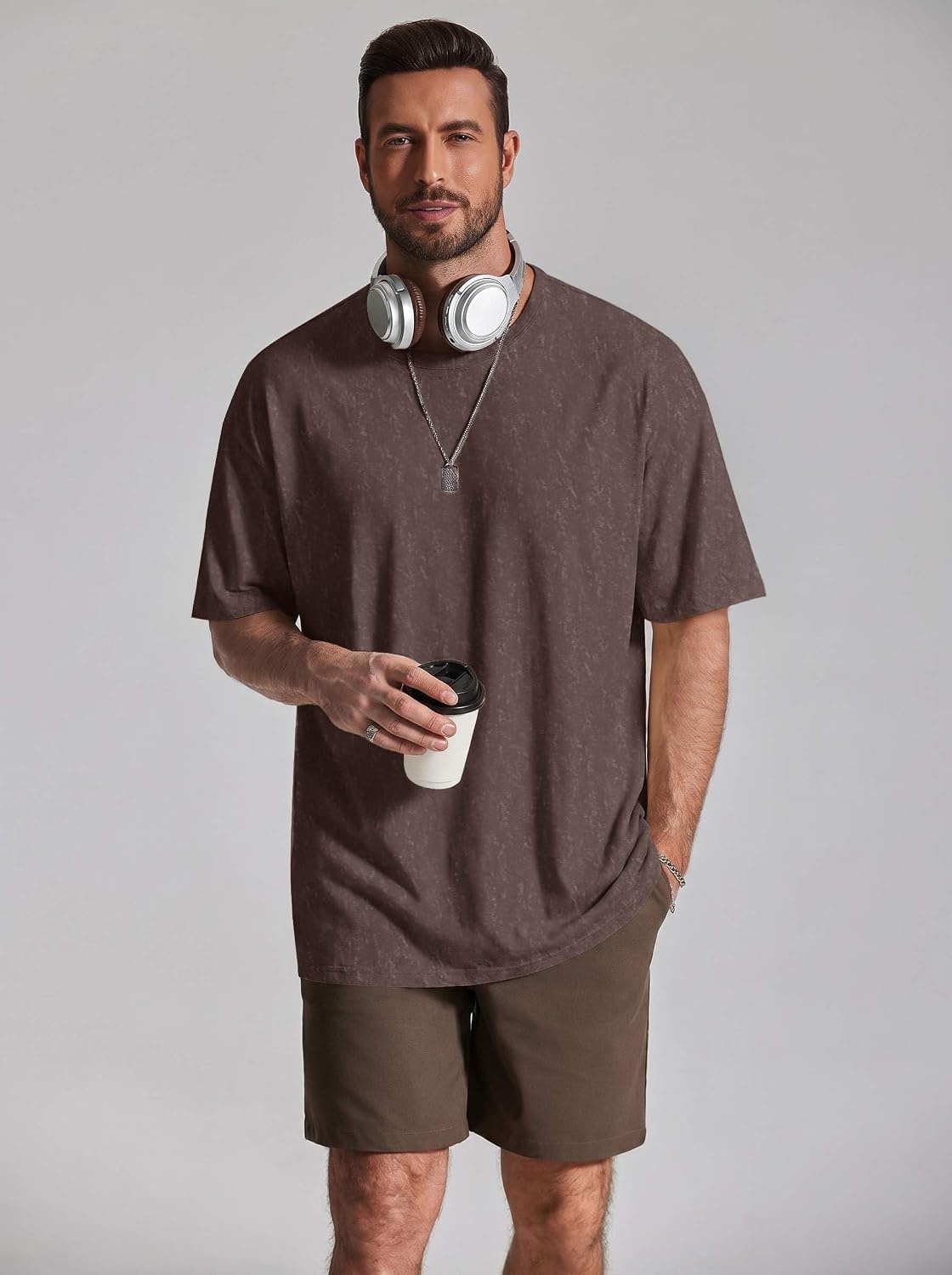 image:imageCOOFANDY Mens Oversized T Shirt Loose Fit Vintage Washed Tee Casual Streetwear Unisex Short Sleeve Heavy Cotton TopBrown