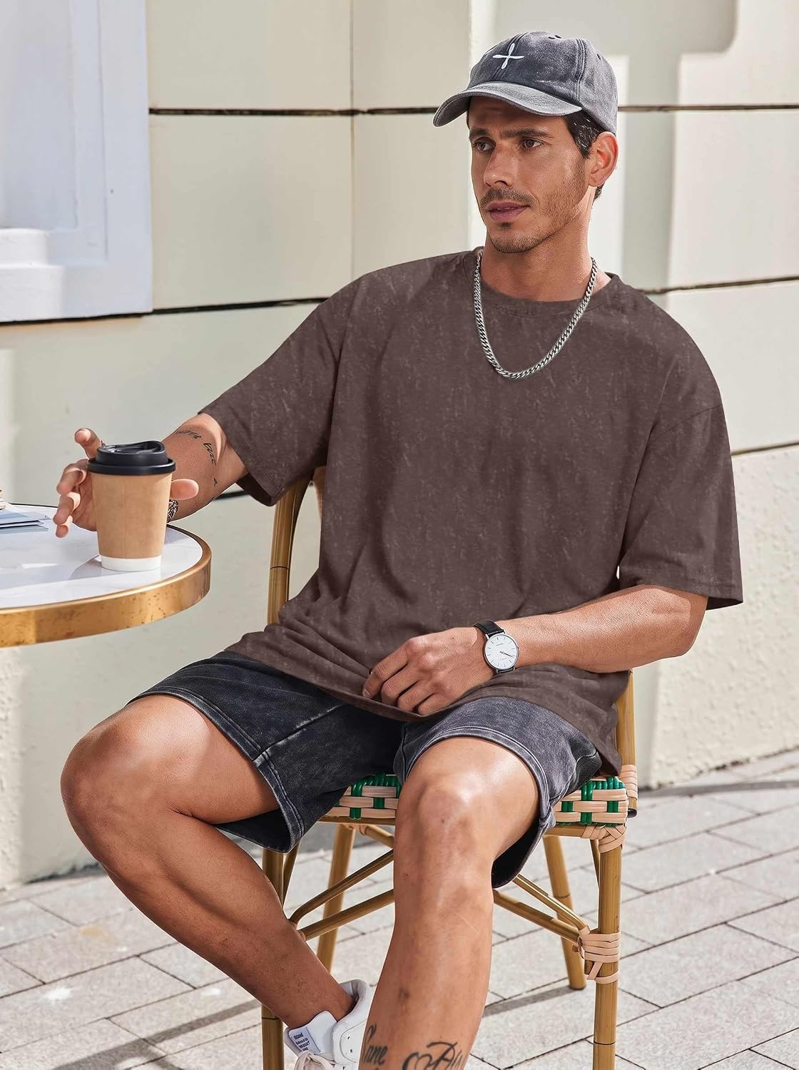 image:imageCOOFANDY Mens Oversized T Shirt Loose Fit Vintage Washed Tee Casual Streetwear Unisex Short Sleeve Heavy Cotton TopBrown