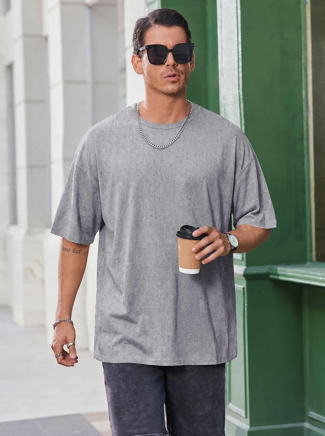 image:imageCOOFANDY Mens Oversized T Shirt Loose Fit Vintage Washed Tee Casual Streetwear Unisex Short Sleeve Heavy Cotton TopLight Grey