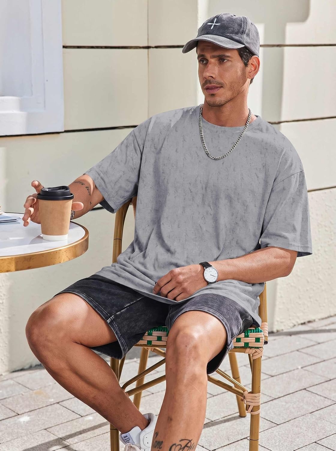 image:imageCOOFANDY Mens Oversized T Shirt Loose Fit Vintage Washed Tee Casual Streetwear Unisex Short Sleeve Heavy Cotton TopLight Grey