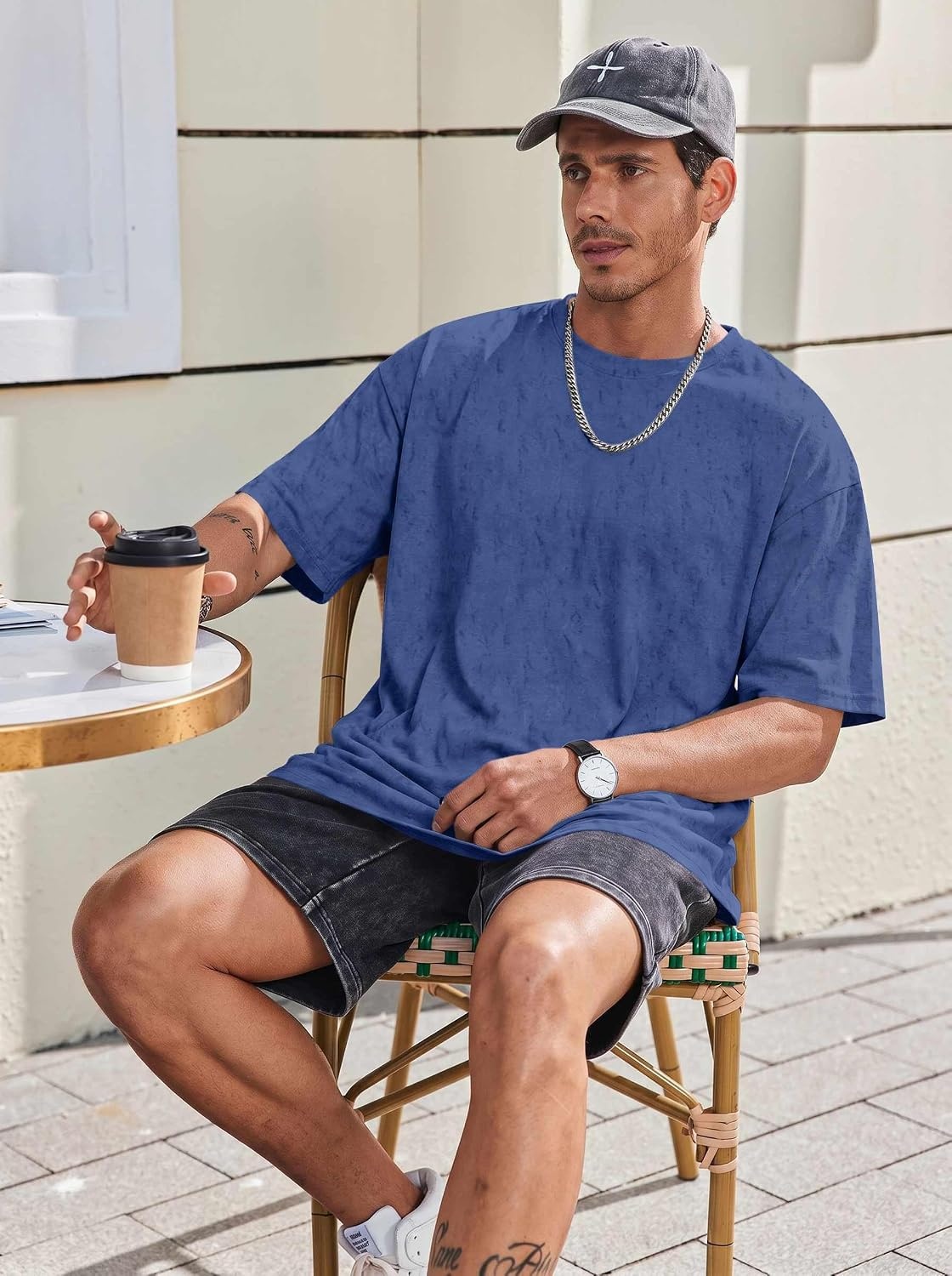 image:imageCOOFANDY Mens Oversized T Shirt Loose Fit Vintage Washed Tee Casual Streetwear Unisex Short Sleeve Heavy Cotton TopNavy Blue