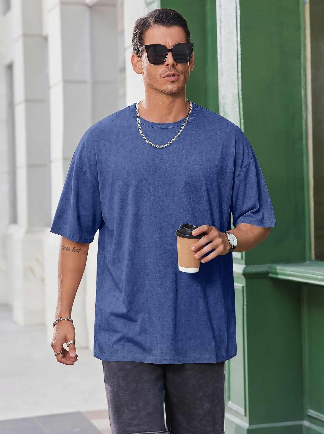 image:imageCOOFANDY Mens Oversized T Shirt Loose Fit Vintage Washed Tee Casual Streetwear Unisex Short Sleeve Heavy Cotton TopNavy Blue