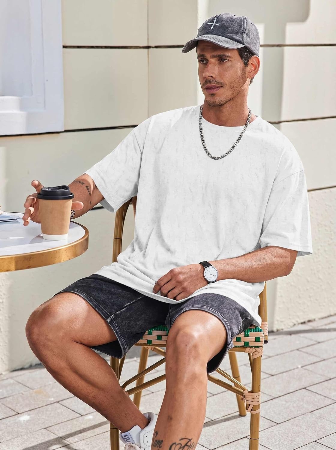 image:imageCOOFANDY Mens Oversized T Shirt Loose Fit Vintage Washed Tee Casual Streetwear Unisex Short Sleeve Heavy Cotton TopWhite