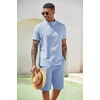 image:imageCOOFANDY Mens 2 Pieces Set Short Sleeve Henley Shirts and Shorts Set Texture Summer Beach Vacation OutfitsAflecking Blue