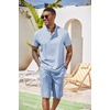 image:imageCOOFANDY Mens 2 Pieces Set Short Sleeve Henley Shirts and Shorts Set Texture Summer Beach Vacation OutfitsAflecking Blue