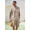 image:imageCOOFANDY Mens 2 Pieces Set Short Sleeve Henley Shirts and Shorts Set Texture Summer Beach Vacation OutfitsKhaki