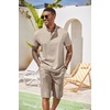 image:imageCOOFANDY Mens 2 Pieces Set Short Sleeve Henley Shirts and Shorts Set Texture Summer Beach Vacation OutfitsKhaki