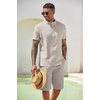 image:imageCOOFANDY Mens 2 Pieces Set Short Sleeve Henley Shirts and Shorts Set Texture Summer Beach Vacation OutfitsStone