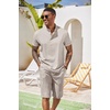 image:imageCOOFANDY Mens 2 Pieces Set Short Sleeve Henley Shirts and Shorts Set Texture Summer Beach Vacation OutfitsStone