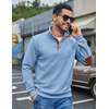 image:imageCOOFANDY Mens Quarter Button Sweatshirt Long Sleeve Pullover Waffle Casual Stand Collar SweaterLight Blue
