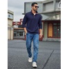 image:imageCOOFANDY Mens Quarter Button Sweatshirt Long Sleeve Pullover Waffle Casual Stand Collar SweaterNavy Blue