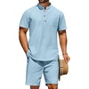 image:imageCOOFANDY Mens 2 Piece Cotton Linen Sets Summer Beach Outfits Casual Short Sleeve Henley Shirts and Vacation ShortsBlue
