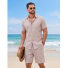 image:imageCOOFANDY Mens 2 Piece Outfit Summer Shorts Sets Short Sleeve Cotton ShirtsChampagne Beige