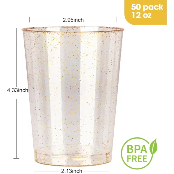 200PCS 9oz Glitter Plastic Cups for Party, Disposable Gold Cups, Plastic Cocktail Glasses for Wedding Thanksgiving, Christmas, and Parties