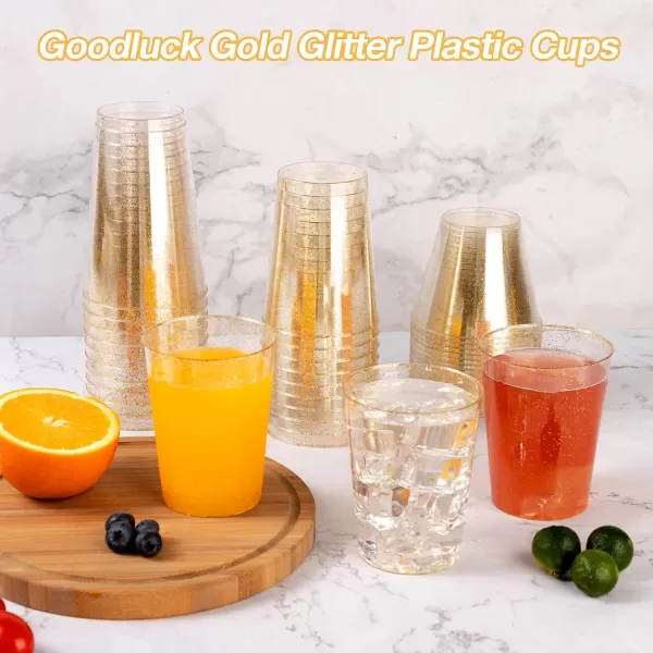 200PCS 9oz Glitter Plastic Cups for Party, Disposable Gold Cups, Plastic Cocktail Glasses for Wedding Thanksgiving, Christmas, and Parties