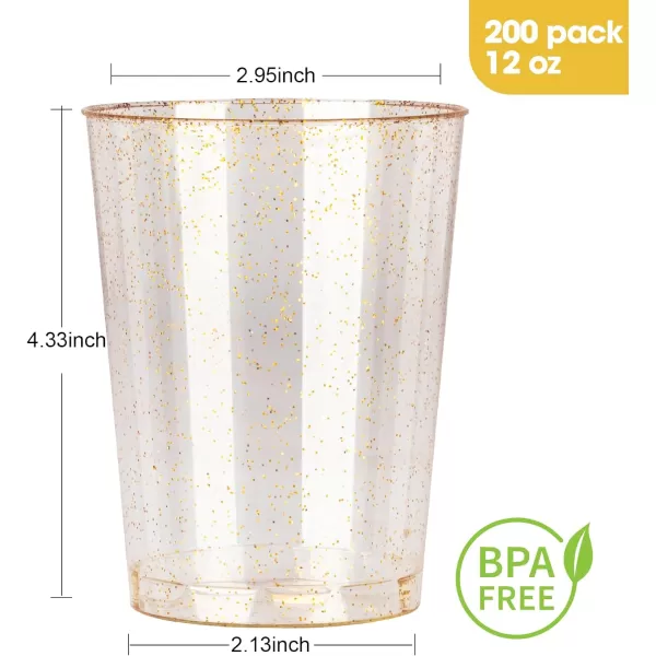 200PCS 9oz Glitter Plastic Cups for Party, Disposable Gold Cups, Plastic Cocktail Glasses for Wedding Thanksgiving, Christmas, and Parties