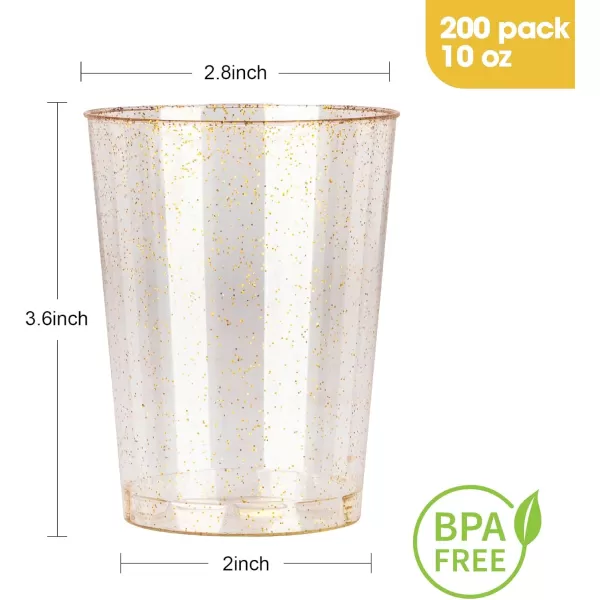 200PCS 9oz Glitter Plastic Cups for Party, Disposable Gold Cups, Plastic Cocktail Glasses for Wedding Thanksgiving, Christmas, and Parties