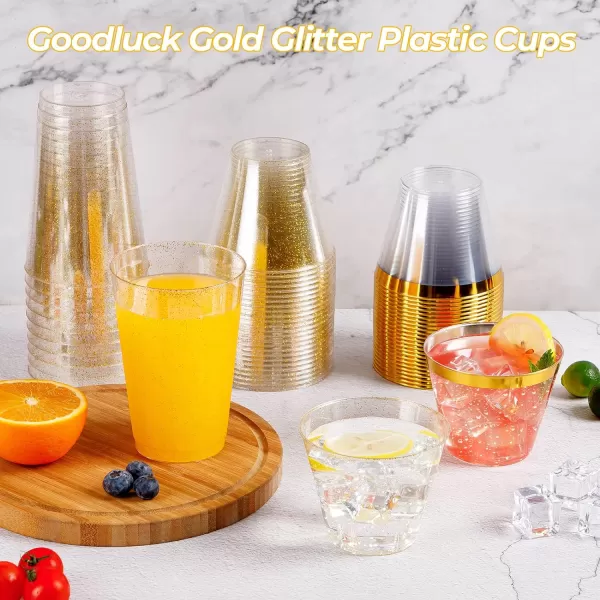 200PCS 9oz Glitter Plastic Cups for Party, Disposable Gold Cups, Plastic Cocktail Glasses for Wedding Thanksgiving, Christmas, and Parties