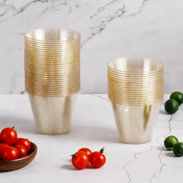 200PCS 9oz Glitter Plastic Cups for Party, Disposable Gold Cups, Plastic Cocktail Glasses for Wedding Thanksgiving, Christmas, and Parties