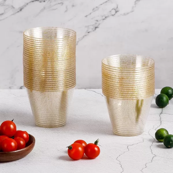 200PCS 9oz Glitter Plastic Cups for Party, Disposable Gold Cups, Plastic Cocktail Glasses for Wedding Thanksgiving, Christmas, and Parties