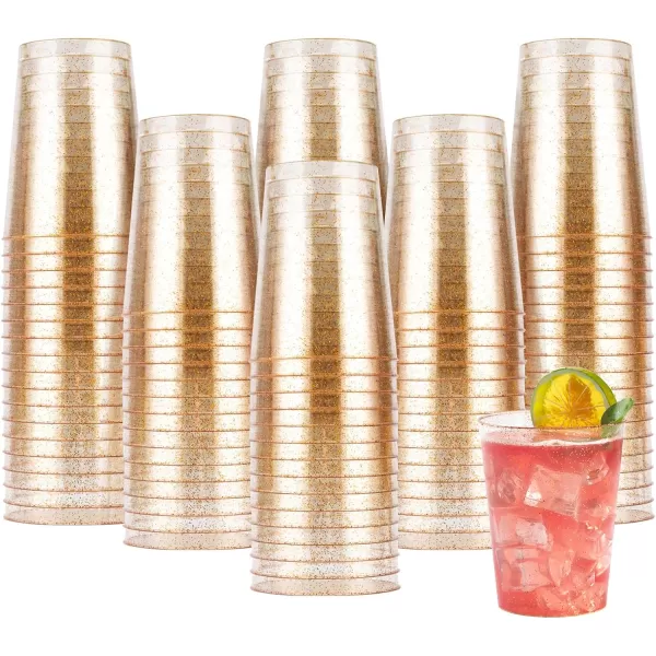 200PCS 9oz Glitter Plastic Cups for Party, Disposable Gold Cups, Plastic Cocktail Glasses for Wedding Thanksgiving, Christmas, and Parties
