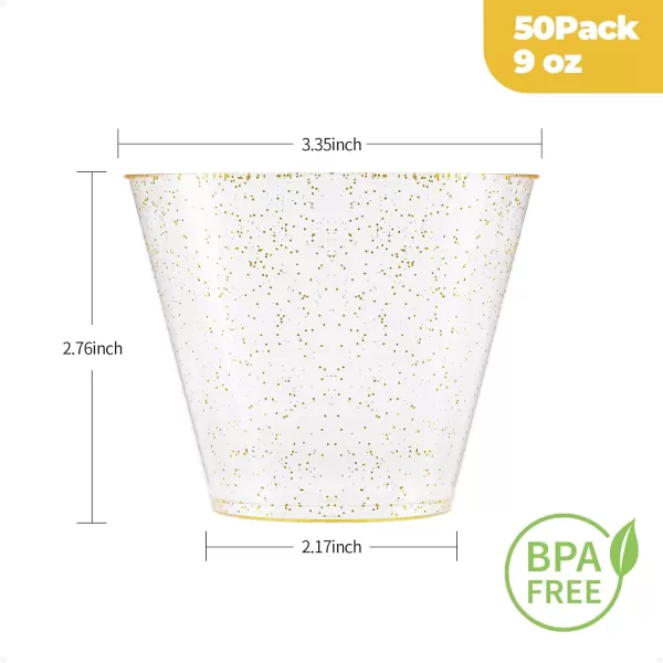 200PCS 9oz Glitter Plastic Cups for Party, Disposable Gold Cups, Plastic Cocktail Glasses for Wedding Thanksgiving, Christmas, and Parties