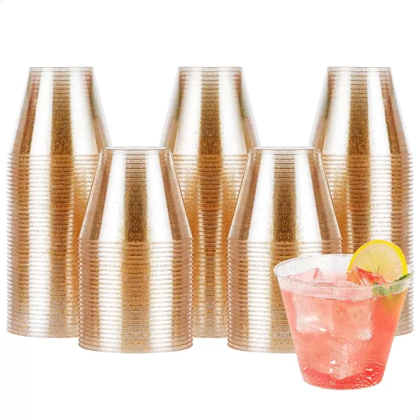 200PCS 9oz Glitter Plastic Cups for Party, Disposable Gold Cups, Plastic Cocktail Glasses for Wedding Thanksgiving, Christmas, and Parties