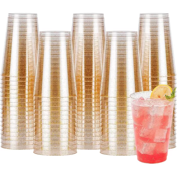 200PCS 9oz Glitter Plastic Cups for Party, Disposable Gold Cups, Plastic Cocktail Glasses for Wedding Thanksgiving, Christmas, and Parties