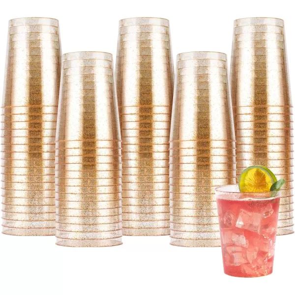200PCS 9oz Glitter Plastic Cups for Party, Disposable Gold Cups, Plastic Cocktail Glasses for Wedding Thanksgiving, Christmas, and Parties