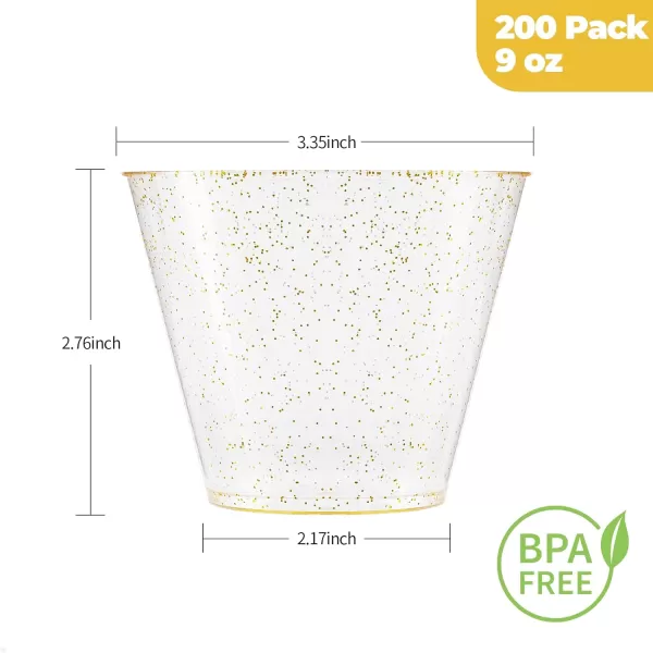 200PCS 9oz Glitter Plastic Cups for Party, Disposable Gold Cups, Plastic Cocktail Glasses for Wedding Thanksgiving, Christmas, and Parties
