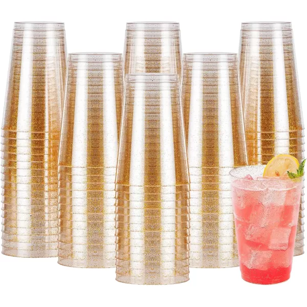 200PCS 9oz Glitter Plastic Cups for Party, Disposable Gold Cups, Plastic Cocktail Glasses for Wedding Thanksgiving, Christmas, and Parties