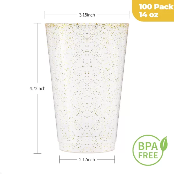 200PCS 9oz Glitter Plastic Cups for Party, Disposable Gold Cups, Plastic Cocktail Glasses for Wedding Thanksgiving, Christmas, and Parties