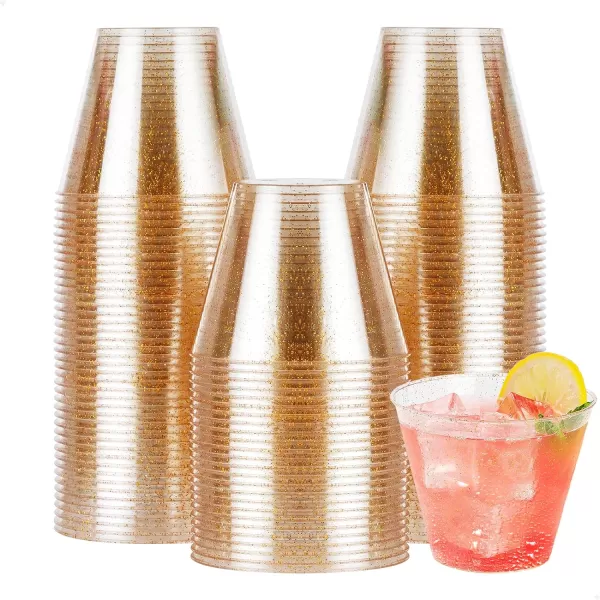 200PCS 9oz Glitter Plastic Cups for Party, Disposable Gold Cups, Plastic Cocktail Glasses for Wedding Thanksgiving, Christmas, and Parties