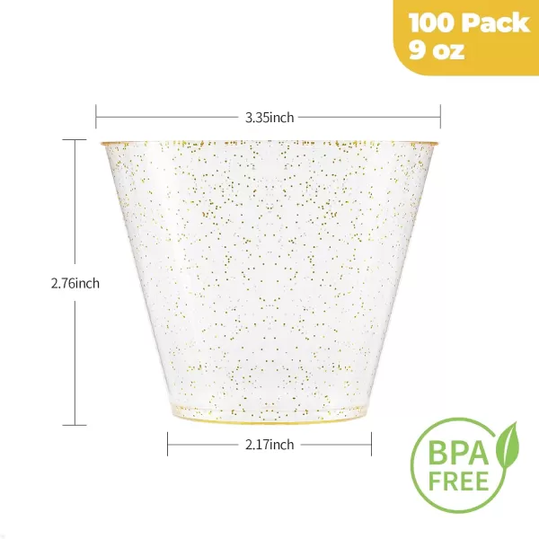 200PCS 9oz Glitter Plastic Cups for Party, Disposable Gold Cups, Plastic Cocktail Glasses for Wedding Thanksgiving, Christmas, and Parties