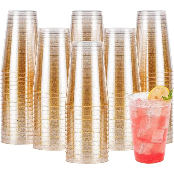200PCS 9oz Glitter Plastic Cups for Party, Disposable Gold Cups, Plastic Cocktail Glasses for Wedding Thanksgiving, Christmas, and Parties