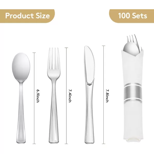 Goodluck 100 Pack Pre Rolled Gold Plastic Silverware, Wrapped Plastic Cutlery Set with Napkin Include 100 Forks, 100 Knives, 100 Spoons and 100 Napkins, Disposable Silverware for Party, Wedding