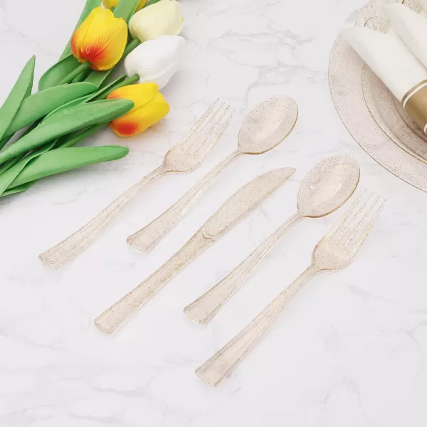 Goodluck 100 Pack Pre Rolled Gold Plastic Silverware, Wrapped Plastic Cutlery Set with Napkin Include 100 Forks, 100 Knives, 100 Spoons and 100 Napkins, Disposable Silverware for Party, Wedding
