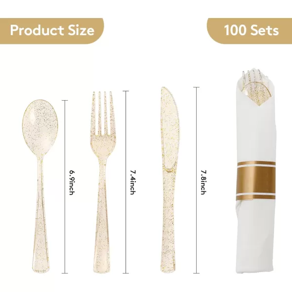 Goodluck 100 Pack Pre Rolled Gold Plastic Silverware, Wrapped Plastic Cutlery Set with Napkin Include 100 Forks, 100 Knives, 100 Spoons and 100 Napkins, Disposable Silverware for Party, Wedding