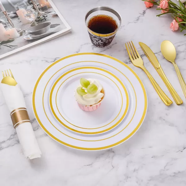 Goodluck 100 Pack Pre Rolled Gold Plastic Silverware, Wrapped Plastic Cutlery Set with Napkin Include 100 Forks, 100 Knives, 100 Spoons and 100 Napkins, Disposable Silverware for Party, Wedding