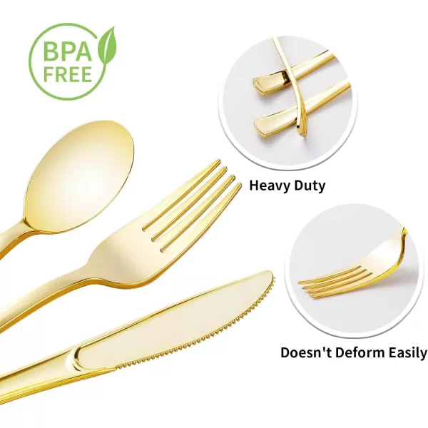 Goodluck 100 Pack Pre Rolled Gold Plastic Silverware, Wrapped Plastic Cutlery Set with Napkin Include 100 Forks, 100 Knives, 100 Spoons and 100 Napkins, Disposable Silverware for Party, Wedding