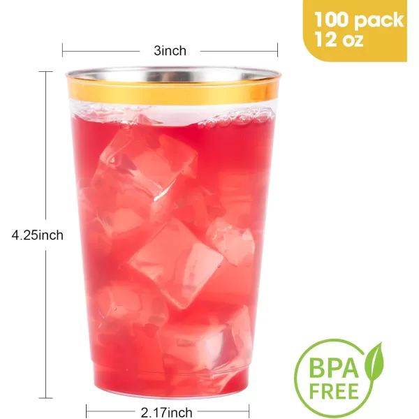 Goodluck 100PCS 9oz Gold Plastic Cups for Party, Disposable Gold Rim Cups, Plastic Cocktail Glasses for Wedding Thanksgiving, Christmas, and Parties