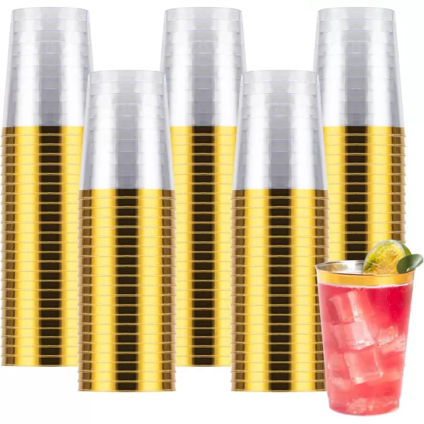 Goodluck 100PCS 9oz Gold Plastic Cups for Party, Disposable Gold Rim Cups, Plastic Cocktail Glasses for Wedding Thanksgiving, Christmas, and Parties