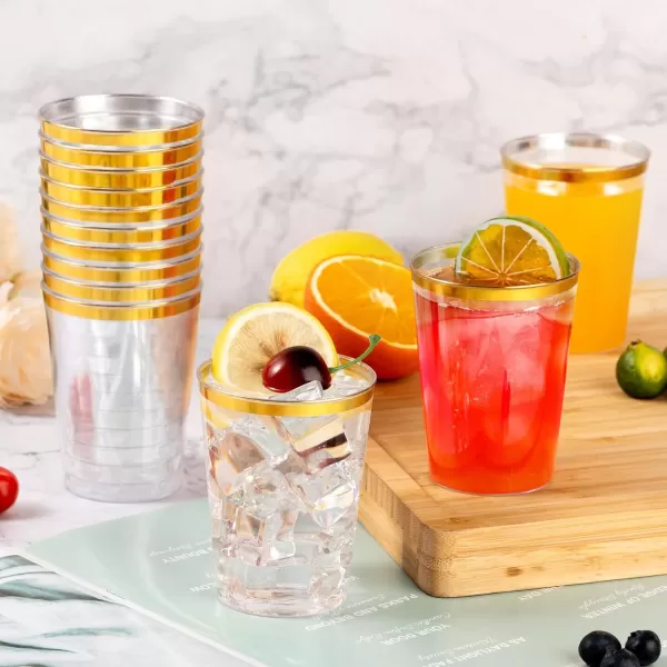 Goodluck 100PCS 9oz Gold Plastic Cups for Party, Disposable Gold Rim Cups, Plastic Cocktail Glasses for Wedding Thanksgiving, Christmas, and Parties