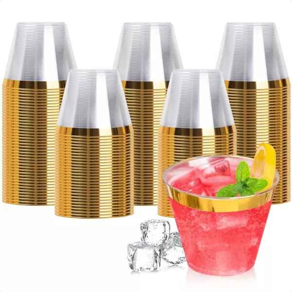 Goodluck 100PCS 9oz Gold Plastic Cups for Party, Disposable Gold Rim Cups, Plastic Cocktail Glasses for Wedding Thanksgiving, Christmas, and Parties