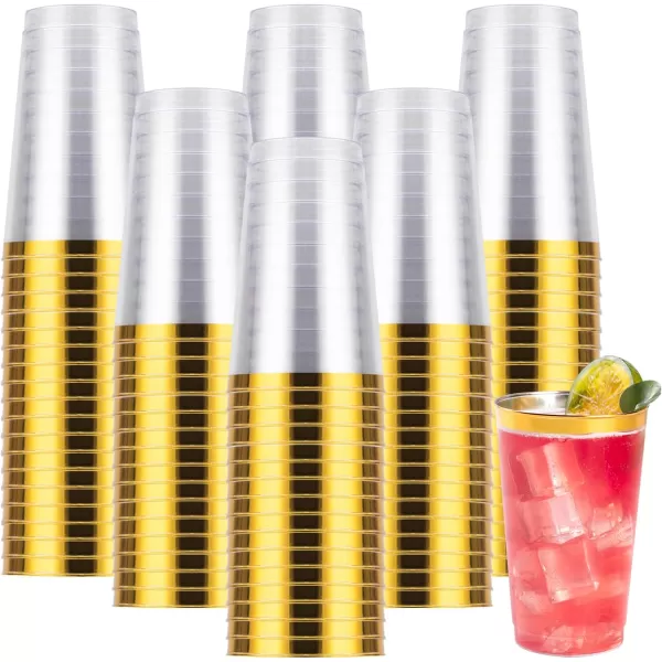 Goodluck 100PCS 9oz Gold Plastic Cups for Party, Disposable Gold Rim Cups, Plastic Cocktail Glasses for Wedding Thanksgiving, Christmas, and Parties
