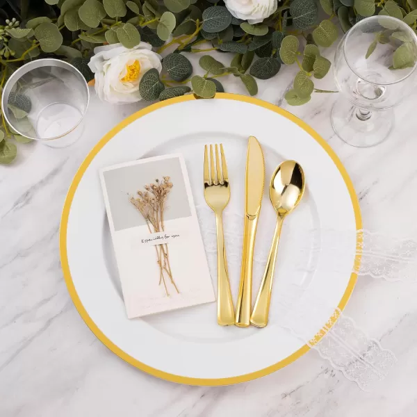 Goodluck 12 Inch Charger Plates, 25 Pack White Charger Plates with Gold Trim, Plastic Charger Plate Bulk for Dinner, Wedding, Party, Event Decoration