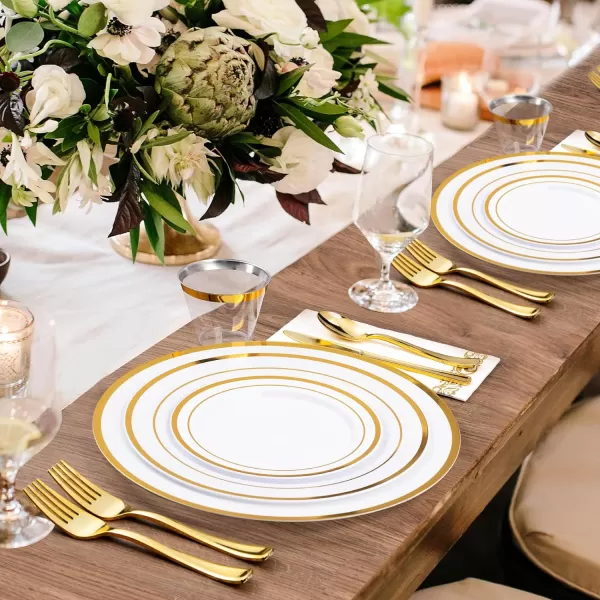 Goodluck 12 Inch Charger Plates, 25 Pack White Charger Plates with Gold Trim, Plastic Charger Plate Bulk for Dinner, Wedding, Party, Event Decoration