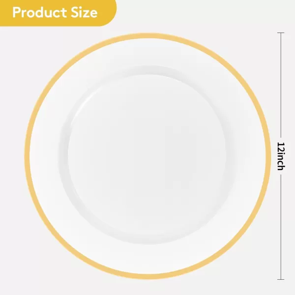 Goodluck 12 Inch Charger Plates, 25 Pack White Charger Plates with Gold Trim, Plastic Charger Plate Bulk for Dinner, Wedding, Party, Event Decoration