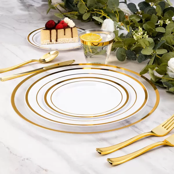 Goodluck 12-Inch Charger Plates, 50 Pack White Charger Plates with Gold Trim, Gold Chargers for Dinner Plates, Plastic Charger Plates Bulk for Dinner, Wedding, Party, Event Table Decoration